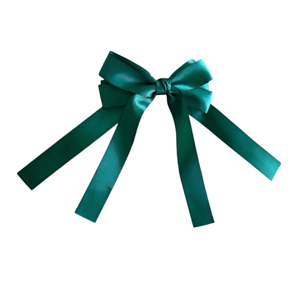 Large Dark Green Satin Bow Hair Barrette NEW